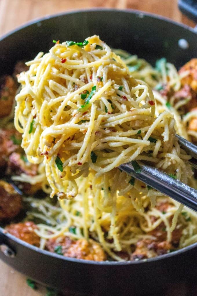 Parmesan Garlic Spaghetti with Chicken Meatballs | A Wicked Whisk